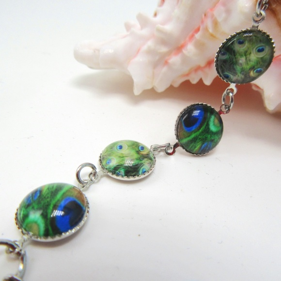 Peacock print photo glass chain link bracelet in silver tone setting - NEW - Picture 2 of 6